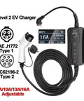 Heavy Duty Portable EV Charger With Type 2 Charging Cable 16 Amp Level 2 3.5 Meter Cord IP67 Weatherproof Electric Vehicle EVSE Tough As Nails Build Quality showing display, charging cable, and plug.