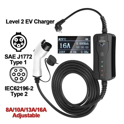 Heavy Duty Portable EV Charger With Type 2 Charging Cable 16 Amp Level 2 3.5 Meter Cord IP67 Weatherproof Electric Vehicle EVSE Tough As Nails Build Quality showing display, charging cable, and plug.
