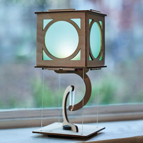 Levitating Lantern STEM Kit For Kids 9 Plus, floating wooden lantern on tensegrity base with glowing panel