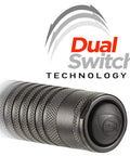 Close-up of the dual switch on Strion DS HL Rechargeable Flashlight With Piggyback Charger, Dual Switches, TEN-TAP Programmable Modes