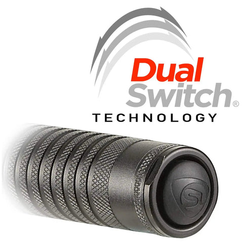 Close-up of the dual switch on Strion DS HL Rechargeable Flashlight With Piggyback Charger, Dual Switches, TEN-TAP Programmable Modes