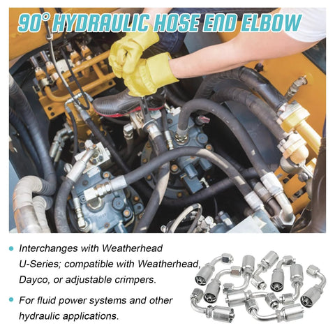 3/8 inch hydraulic hose fittings for heavy-duty systems, showing elbow connection for compact hydraulic lines, compatible with Weatherhead and Dayco.