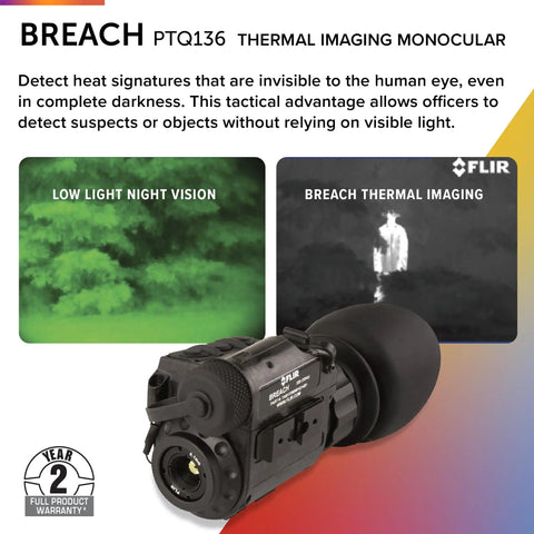 Breach PTQ136 Thermal Imaging Monocular with Boson 12 Micron Core, showcasing low light vision and thermal imaging capabilities.