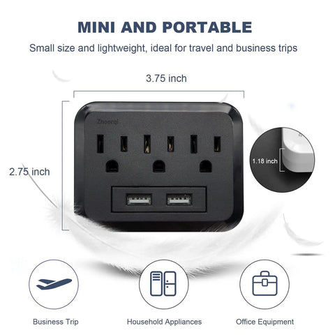 Three Outlet Wall Charger Extender With Built In Warm White LED Nightlight dimensions and portability features