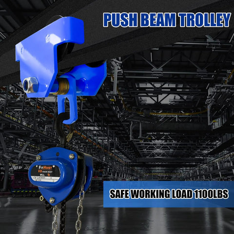 Manually Operated Trolley 1 Ton Capacity Steel Push Beam Trolley for I-Beams, adjustable flange width, installed in warehouse