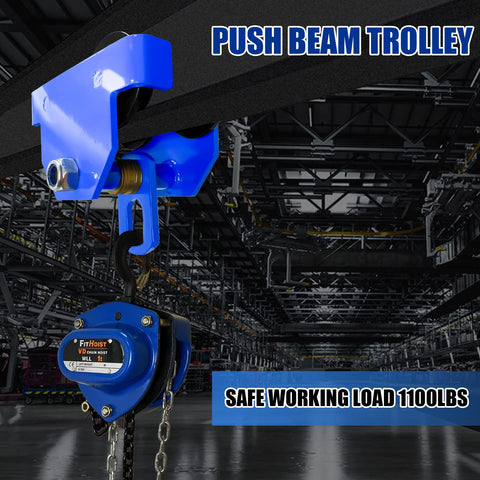 Handy Manual Push Beam Trolley 1/2 Ton Capacity, 1100 Lbs, Heavy Duty Steel, Quick-Adjust for I-Beam Flange Width 2.7 to 4.5 In shown installed