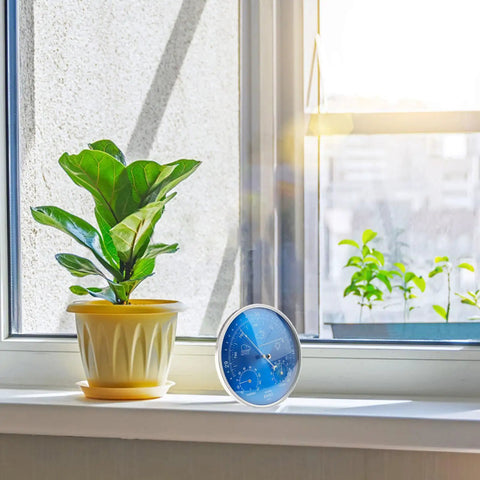 All Season 3 In 1 Home Weather Station With Brass Barometer Wall Hanging Thermometer And Hygrometer on a windowsill