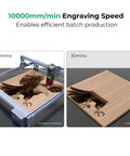 Front view of Creality Falcon 10W laser engraver engraving a wood panel with an eagle, 15.7 by 16.3 in workspace