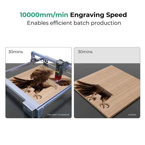 Front view of Creality Falcon 10W laser engraver engraving a wood panel with an eagle, 15.7 by 16.3 in workspace