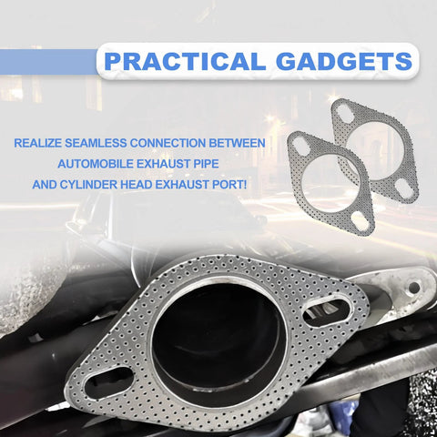 Front view of two 2.5-inch exhaust gasket flanges, perforated metal with 2-bolt design.