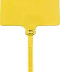 9 Inch Yellow Identification Cable Ties, 120 LB Tensile, Self Locking and Tamper Evident shown in vertical position