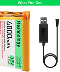 Beefy 3.7V 4000mAh LiPo Battery with USB charger cable and 1S protection board, shown with plug and wiring for Arduino ESP32 drones RC cars