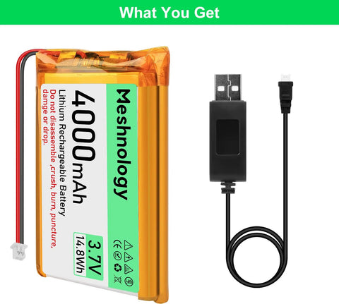 Beefy 3.7V 4000mAh LiPo Battery with USB charger cable and 1S protection board, shown with plug and wiring for Arduino ESP32 drones RC cars