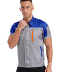 Mens Short Sleeve Mechanic Work Jacket With Reflective Safety Stripes And Heavy Duty Zipper in gray and blue with orange accents.