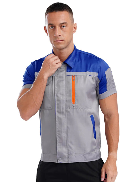 Mens Short Sleeve Mechanic Work Jacket With Reflective Safety Stripes And Heavy Duty Zipper in gray and blue with orange accents.