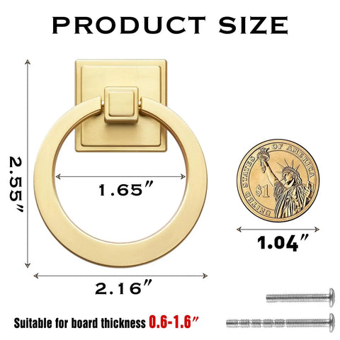 Diagram of Beefy 4 Pack 2-1/2 Inch Solid Cupboard Knobs Zinc Alloy Vintage Ring Cabinet Pulls Gold Round Dresser Drawer Knobs with dimensions