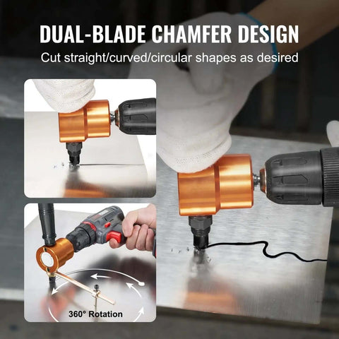 Dual Head Sheet Nibbler Metal Cutter Power Drill Attachment in action cutting metal sheets smoothly with dual heads and 360° rotation