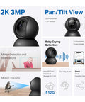 2K Indoor Pan Tilt Security Cam For Baby And Pet Monitor With Motion Alerts Two Way Talk Built In Siren Night Vision Kit features