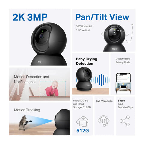2K Indoor Pan Tilt Security Cam For Baby And Pet Monitor With Motion Alerts Two Way Talk Built In Siren Night Vision Kit features