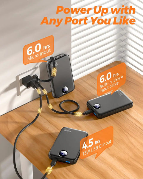 Pocket Sized 10000 Mah Portable Charger With Four Built In Cables Ultra Slim Power Bank For iPhone And Android Fast Charging Battery Pack charging via multiple ports.