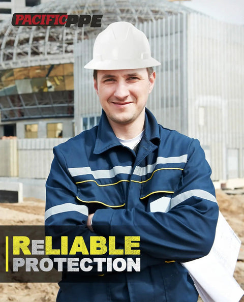 Construction worker wearing Full Brim Hard Hat For Construction Safety, OSHA Certified And ANSI Z89 Type 1 Class E G C, White Helmet