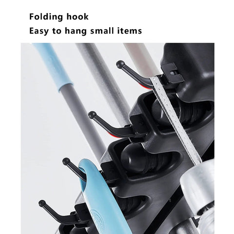 Close-up of Stainless Steel Heavy Duty Floor Standing Mop Hanger And Broom Rack Organizer with folding hooks in use.