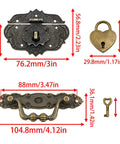 Retro Heart Lock Clasp Set For Jewelry Boxes Cabinets And Wooden Boxes Zinc Alloy Bronze Finish with dimensions and key included