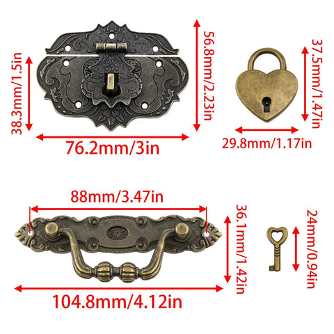 Retro Heart Lock Clasp Set For Jewelry Boxes Cabinets And Wooden Boxes Zinc Alloy Bronze Finish with dimensions and key included