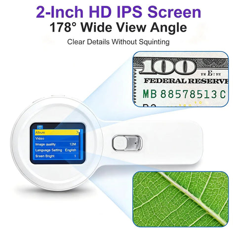 Autofocus Digital Microscope Portable Handheld Scope With 2In IPS Screen And Dual LED Lights 10-200X Zoom For Easy Coin And Jewelry Check Grab And Go For Adults And Kids With Clear Macro View, white handheld view