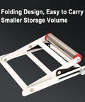 Workhorse Adjustable Height Table Saw Rollers Heavy Duty Fold Flat Cutting Machine Sidekick Support Frame Rust Resistant Steel Pro Shop Tools Set Four, adjustable roller stand in folding position.