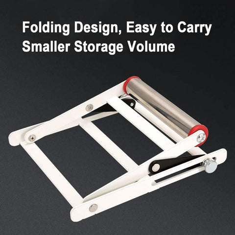 Workhorse Adjustable Height Table Saw Rollers Heavy Duty Fold Flat Cutting Machine Sidekick Support Frame Rust Resistant Steel Pro Shop Tools Set Four, adjustable roller stand in folding position.