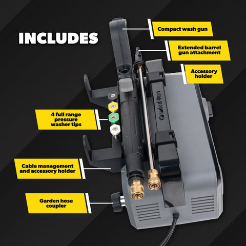 PM2000 Pro Electric Pressure Washer Delivers 2030 PSI And 1.77 GPM, Compact Design with accessories and hose arrangement