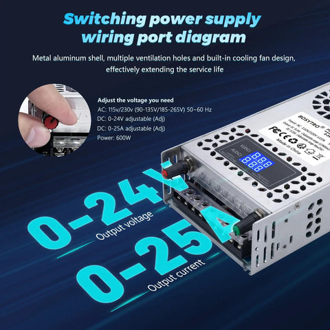 Beefy 600W 24V Adjustable DC Power Supply with LED display showing 0-24V output voltage and current readings, wiring port diagram visible.