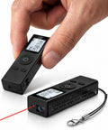 Ultra-Compact Laser Distance Meter Keychain Tool, 2.7 Inch digital tape measure with backlit display showing measurements