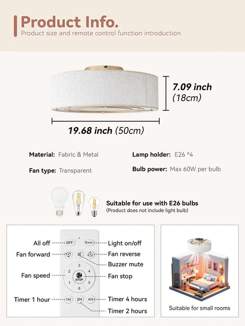 Low Profile Ceiling Fan With Light 20 Inch Boho Rattan Flush Mount Drum Cage 6 Speeds With Remote Control with dimensions and features.