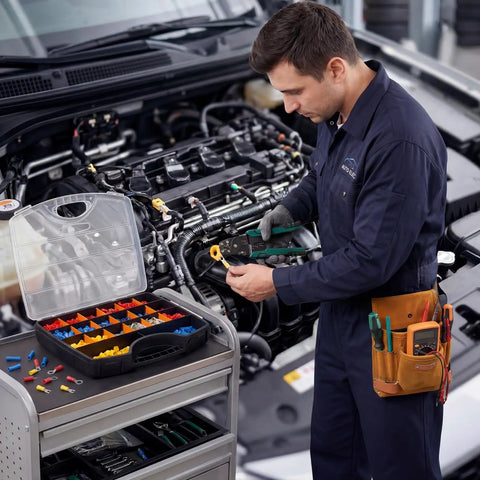 Mechanic using All-In-One 1150-Piece Wire Connectors Kit With Crimping Tool For Auto And Home Wiring near engine