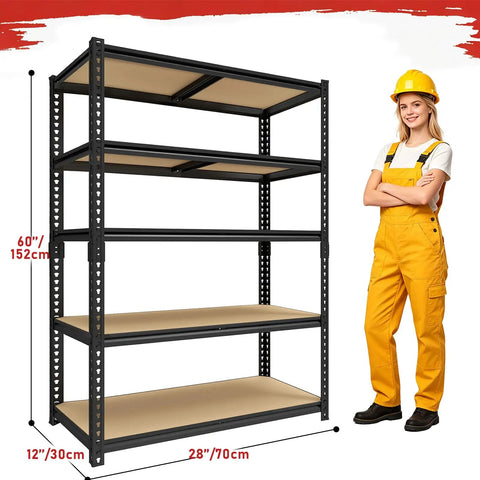 60 Inch High Heavy Duty Metal Garage Shelving Unit With 2400 Lbs Total Capacity, 480 Lbs Per Shelf, Adjustable Overlap Design For Home Garage Warehouse Shop Storage Black, 60x28x12 in