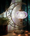 Dope Moon Shaped Mosaic Stained Glass Table Lamp In Blue Handmade Turkish Moroccan Tiffany Style Nightstand Light Turquoise