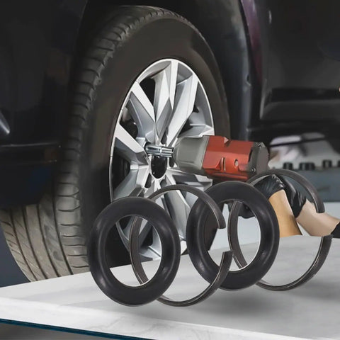Professional Grade Impact Wrench Retainer Ring Kit With Sealed O Rings Two Pack displaying O-rings near pneumatic tool on vehicle.