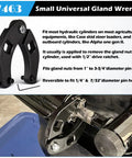 Adjustable Gland Nut Wrench For Hydraulic Cylinders On Farm And Construction Equipment, Reversible Pinholes For One Quarter Inch And Seven Thirty Second Inch, Fits Small Gland Nuts From One Inch To Three And Three Quarter Inch, One Half Inch Drive