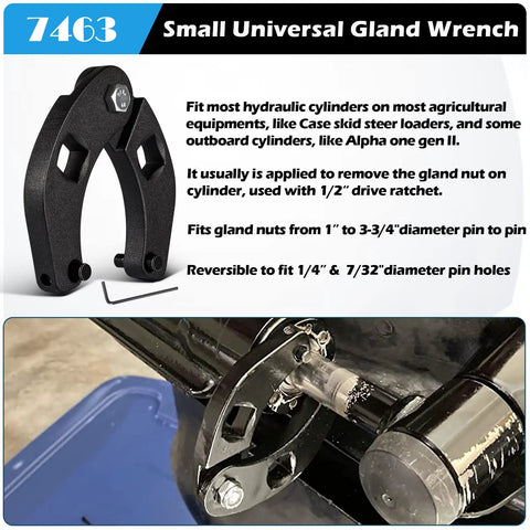 Adjustable Gland Nut Wrench For Hydraulic Cylinders On Farm And Construction Equipment, Reversible Pinholes For One Quarter Inch And Seven Thirty Second Inch, Fits Small Gland Nuts From One Inch To Three And Three Quarter Inch, One Half Inch Drive