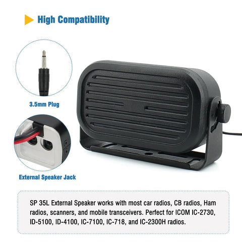 Image of SP 35L Ultra Loud Mini Car External Speaker with 3.5mm plug and external speaker jack, compatible with ICOM radios and transceivers.