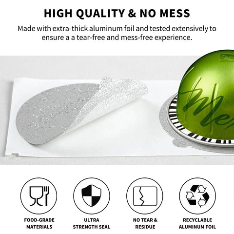Universal Aluminum Foil Seal Lids For Nespresso Vertuo Pods shown with a partially peeled lid, demonstrating strong seal, 62mm size.