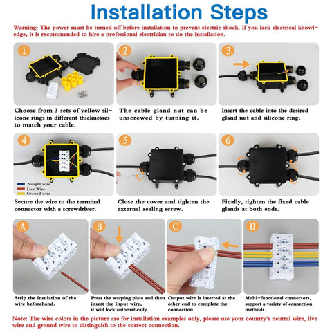 Installation steps for 3 Way IP68 Waterproof Junction Box For Outdoor Use Tough As Nails External Electrical Box Black Underground Cable Connector