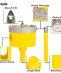Close-up of a diamond hole saw with labeled features from Diamond Hole Saw Kit 10 Pieces With Pilot Bits For Tile Ceramic Glass Pro Grade Set