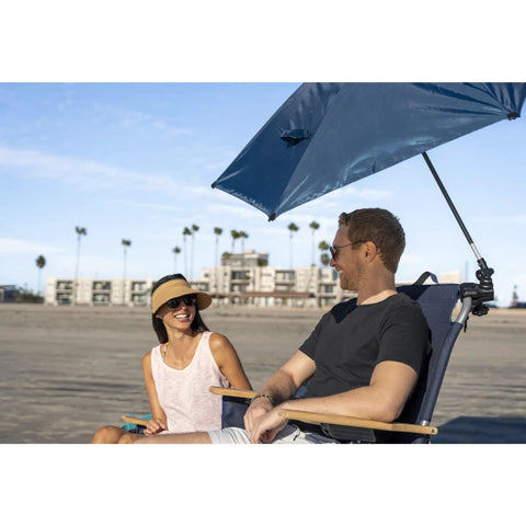 Versa Brella Midnight Blue Outdoor Shade Umbrella with clamp on chair, shading couple at the beach, 1 pack rugged canopy cover.