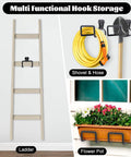 Two Pack Garden Hose Holder And Wall Mounted Hose Reel, Heavy Duty Metal Hanger with ladder, shovel, hose, and flower pot demonstration