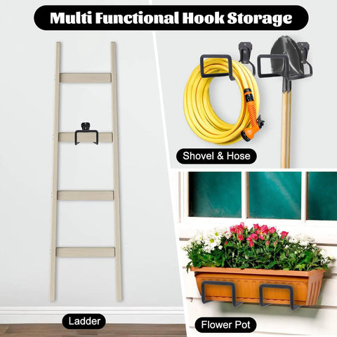 Two Pack Garden Hose Holder And Wall Mounted Hose Reel, Heavy Duty Metal Hanger with ladder, shovel, hose, and flower pot demonstration