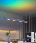 Modern kitchen with Smart LED Disk Lights 5 To 6 Inch Flush Mount RGB WW WiFi Recessed Ceiling Downlights With Color Changing 2700K To 6500K Works With Alexa And Google Assistant ETL Listed 4 Pack. Remote and smartphone app visible.