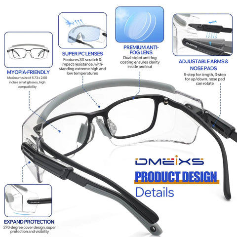 Over Eyeglasses Safety Glasses With No Fog Anti Fog Scratch Resistant Wraparound Lens Adjustable Temples With Anti Slip Tips ANSI Z87.1 Certified UV Shielding For Youth Men And Women Built For Daily Grind product image showing premium anti-fog lens and adjustable arms showcase.